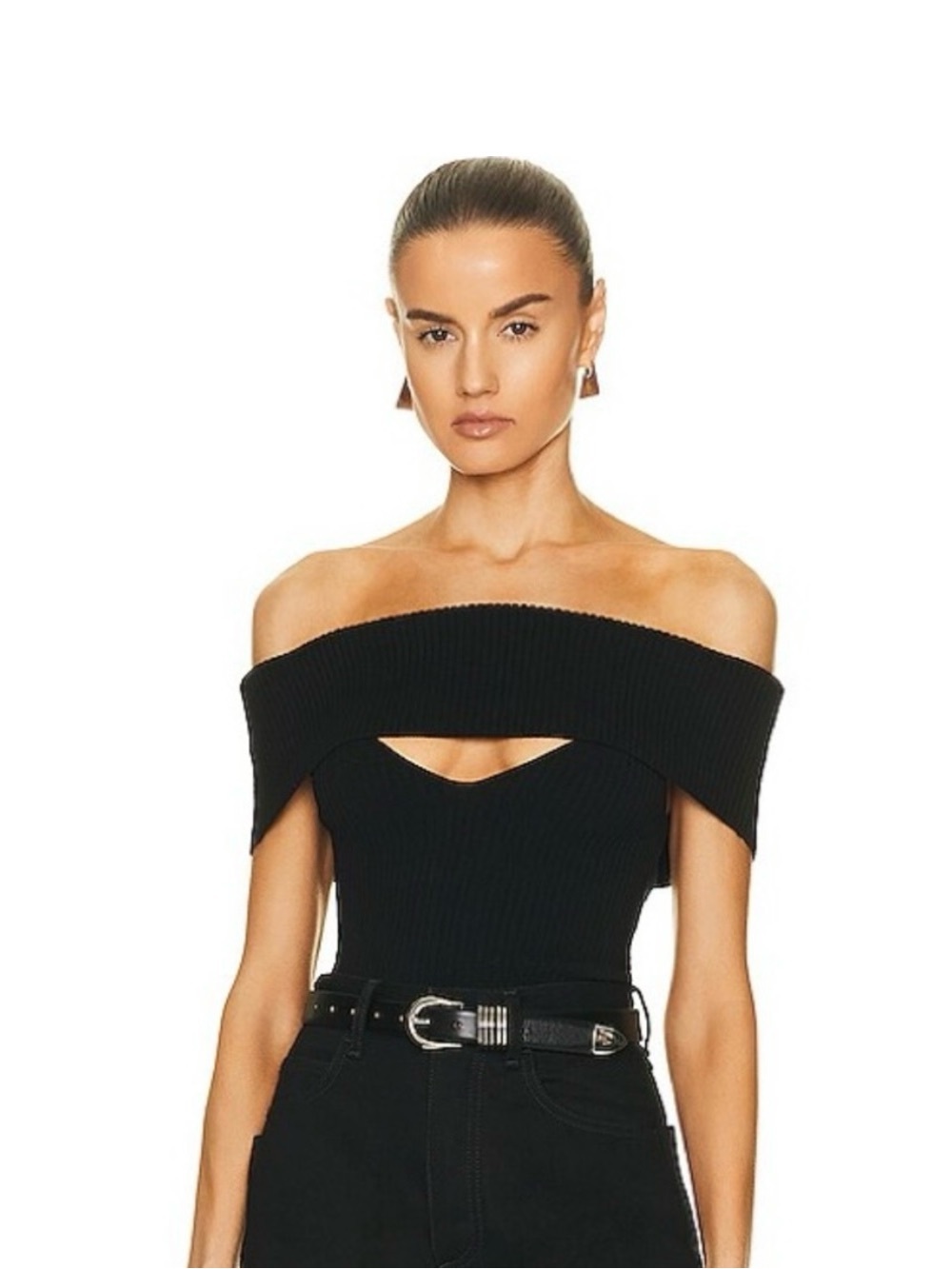 GRLFRND Off-Shoulder Black Ribbed Knit V Neck Short Sleeve Top Size Medium